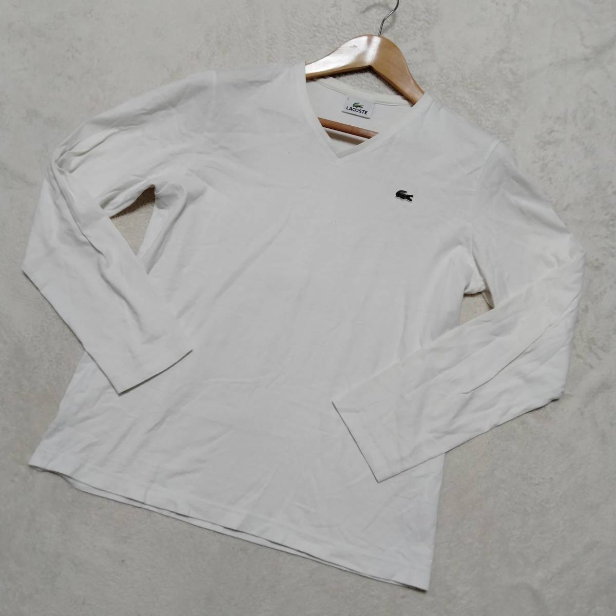 LACOSTE ラコステ Vネック カットソー トップス Tシャツ ワンポイントロゴ コットン100％ 長袖 ホワイト サイズ3 smm85_画像2