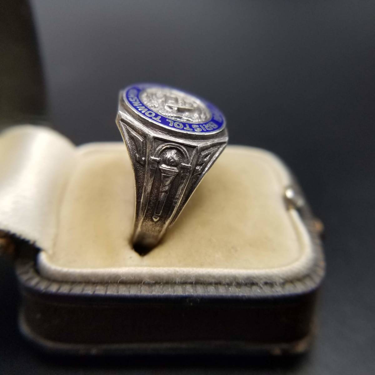 1949 year American kla sling sterling silver Vintage blue enamel lion engraving ring silver sig net college Y5-A