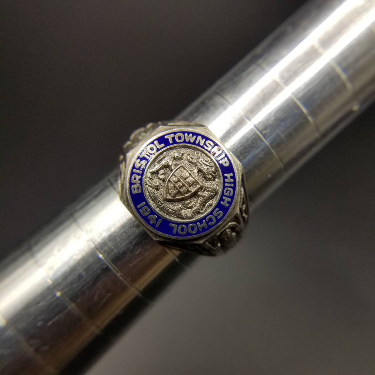 1949 year American kla sling sterling silver Vintage blue enamel lion engraving ring silver sig net college Y5-A