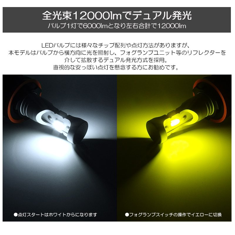 130系 前期/中期 マークX LED フォグランプ H11/H16 12000LM 20W 2色切替 ホワイト/6000K/白 イエロー/3000K/黄色 車検対応●_画像3