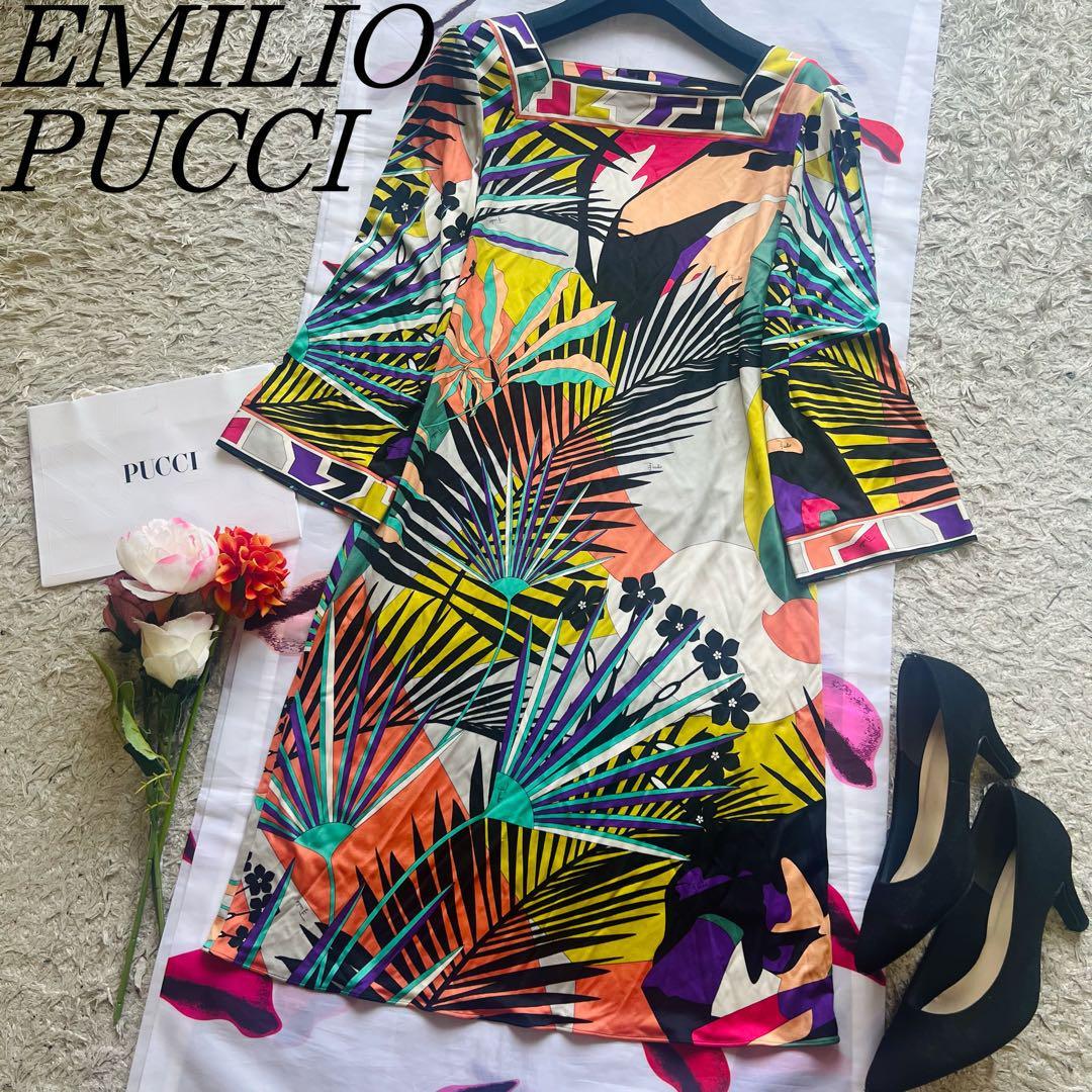 美品】EMILIO PUCCI プッチ柄膝丈ワンピース ベルスリーブ 長袖