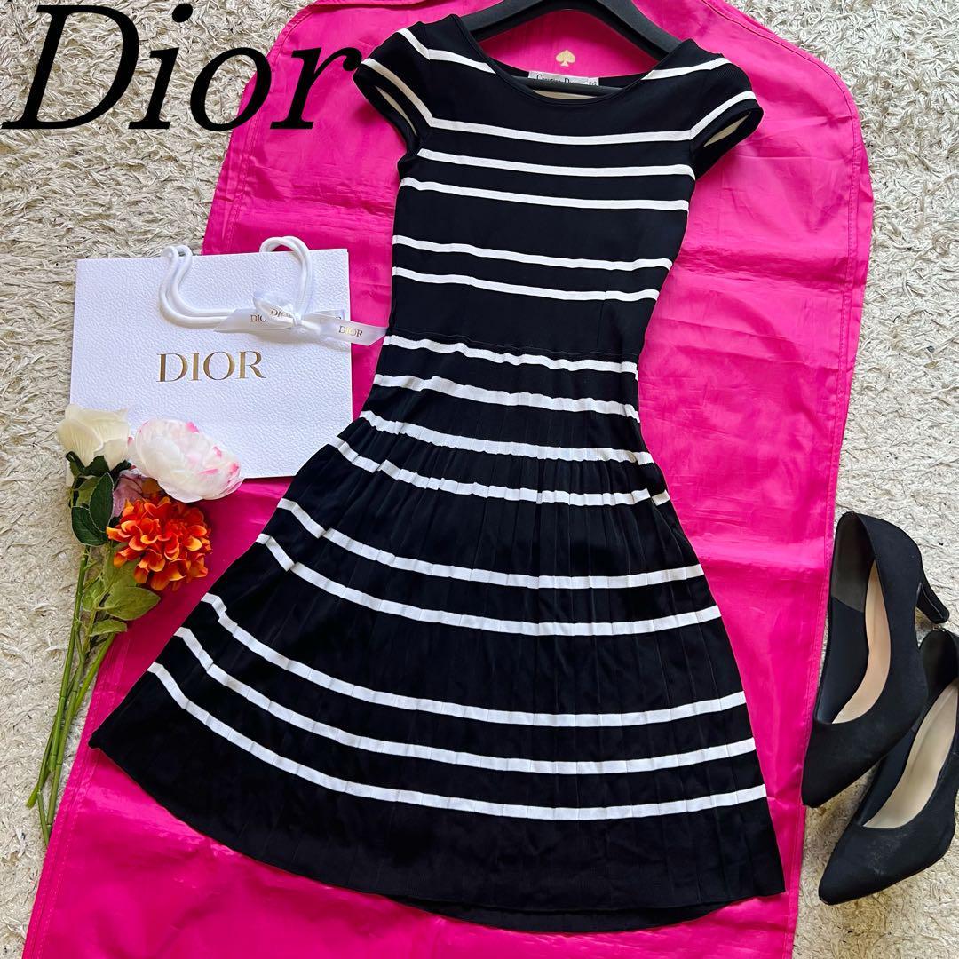 【美品】Christian Dior サマーニットワンピース ボーダー プリーツ クリスチャンディオール 黒 ブラック 半袖 ハーフスリーブ フレア
