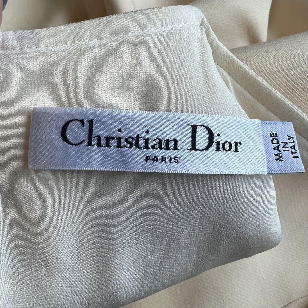 【良品】Christian Dior スカーフワンピース ベージュ フレア クリスチャンディオール オフホワイト 七分袖 Ｖネック