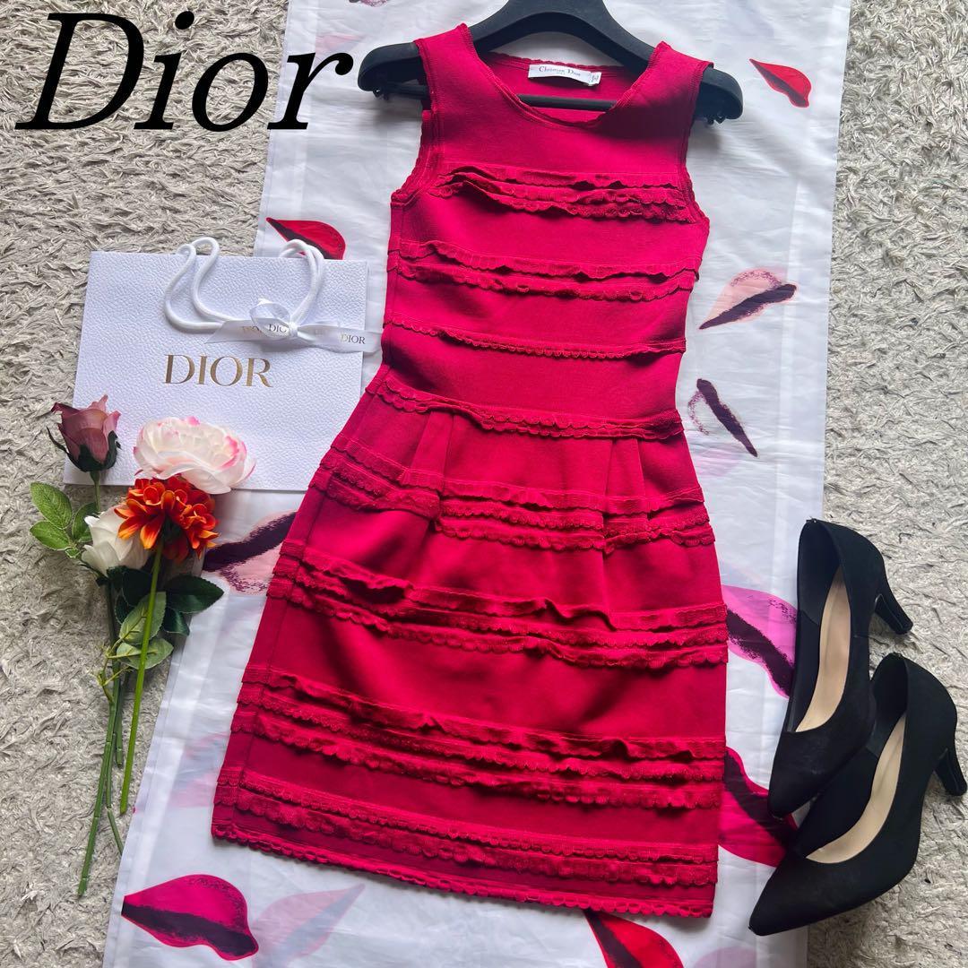【美品】Christian Dior サマーニットワンピース ピンク フリル クリスチャンディオール ノースリーブ ティアード