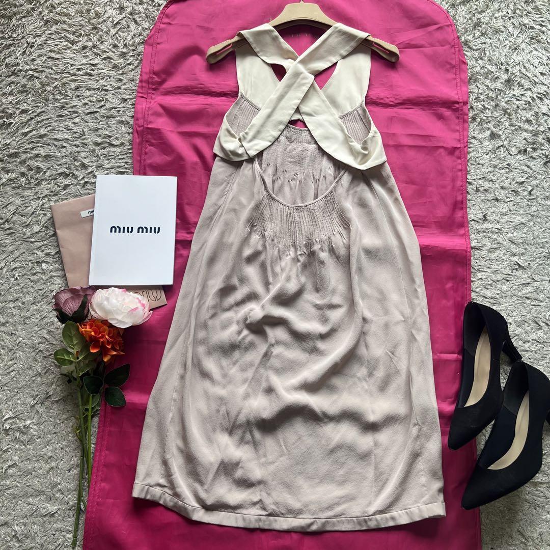 美品】MIU MIU バイカラーワンピース ノースリーブ 40 ホワイトミュウ