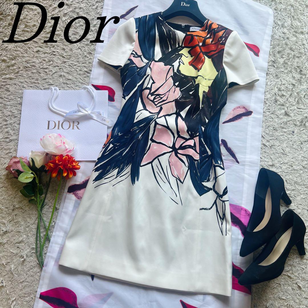 【美品】Christian Dior 総柄ワンピース ホワイト 半袖 クリスチャンディオール ハーフスリーブ 膝丈 フレア_画像1