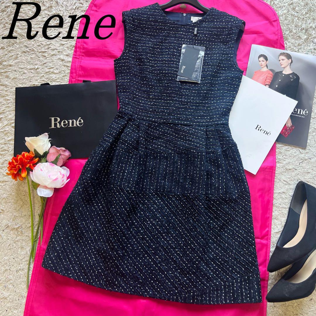 美品】Rene ツイードワンピース TISSUE ネイビー ノースリーブ 34 ルネ