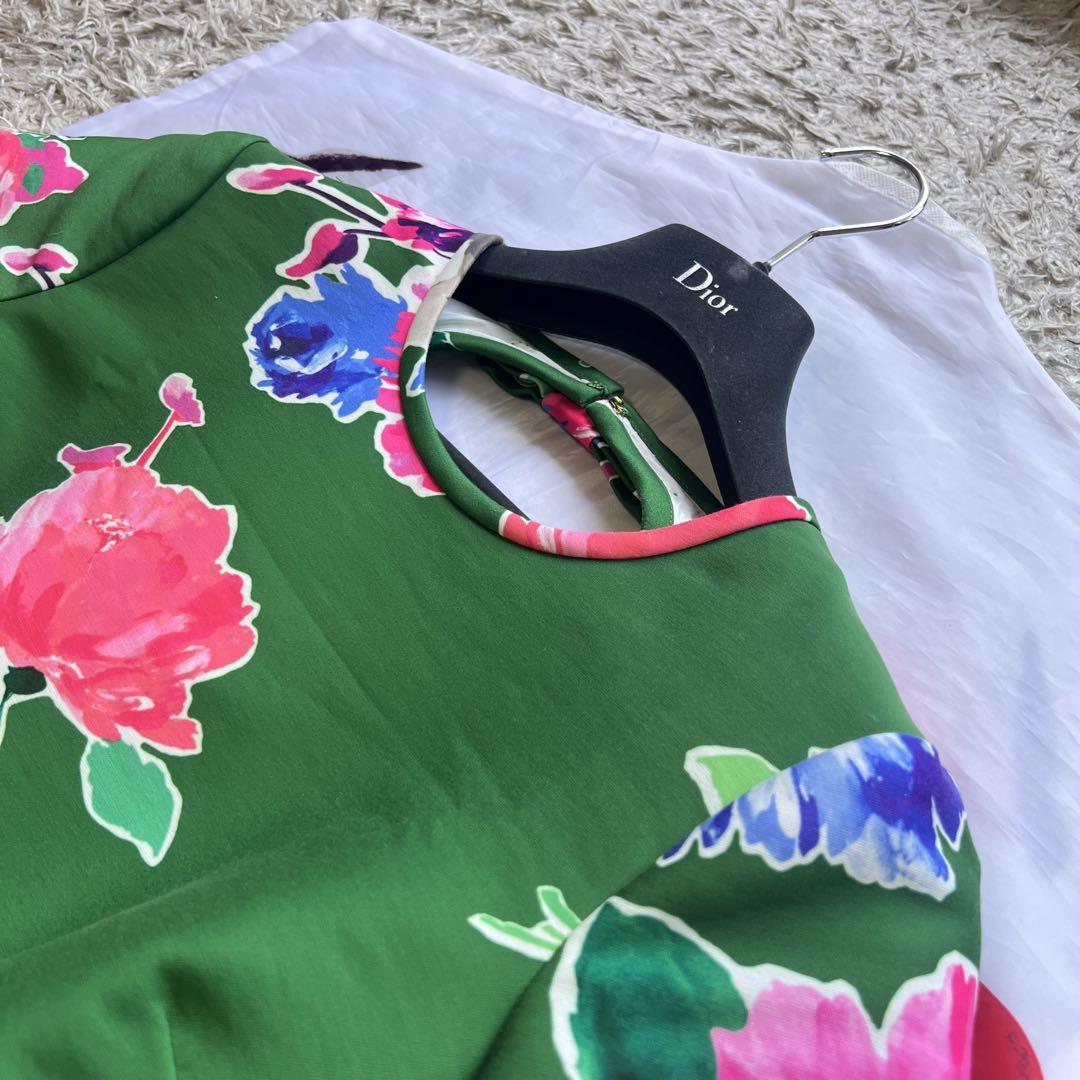 上級品 kate spade 総柄ワンピース グリーン 背中開き 2 M フレア