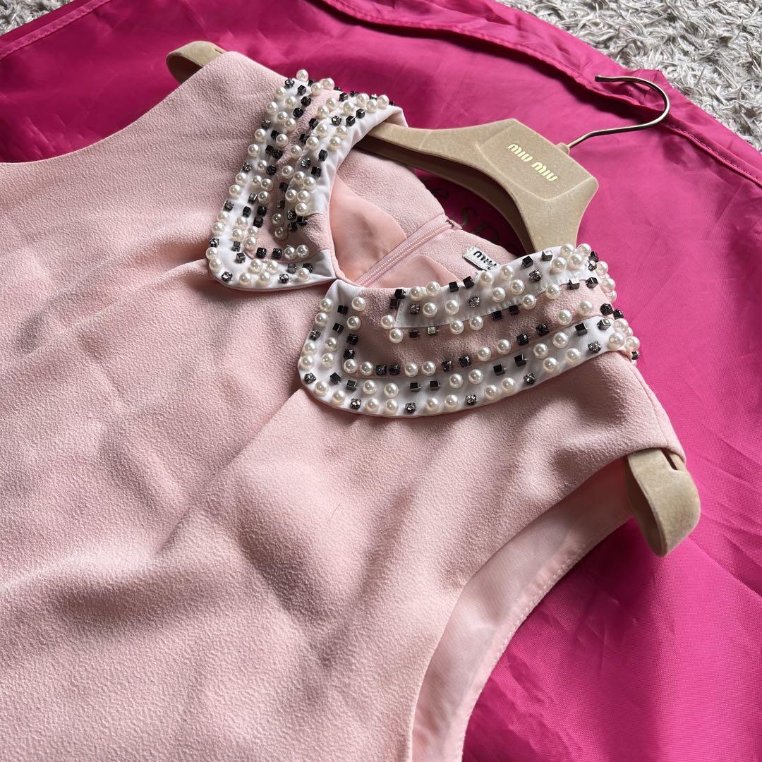 良品】MIU MIU ビジュー襟ワンピース ピンク ノースリーブ M ミュウ