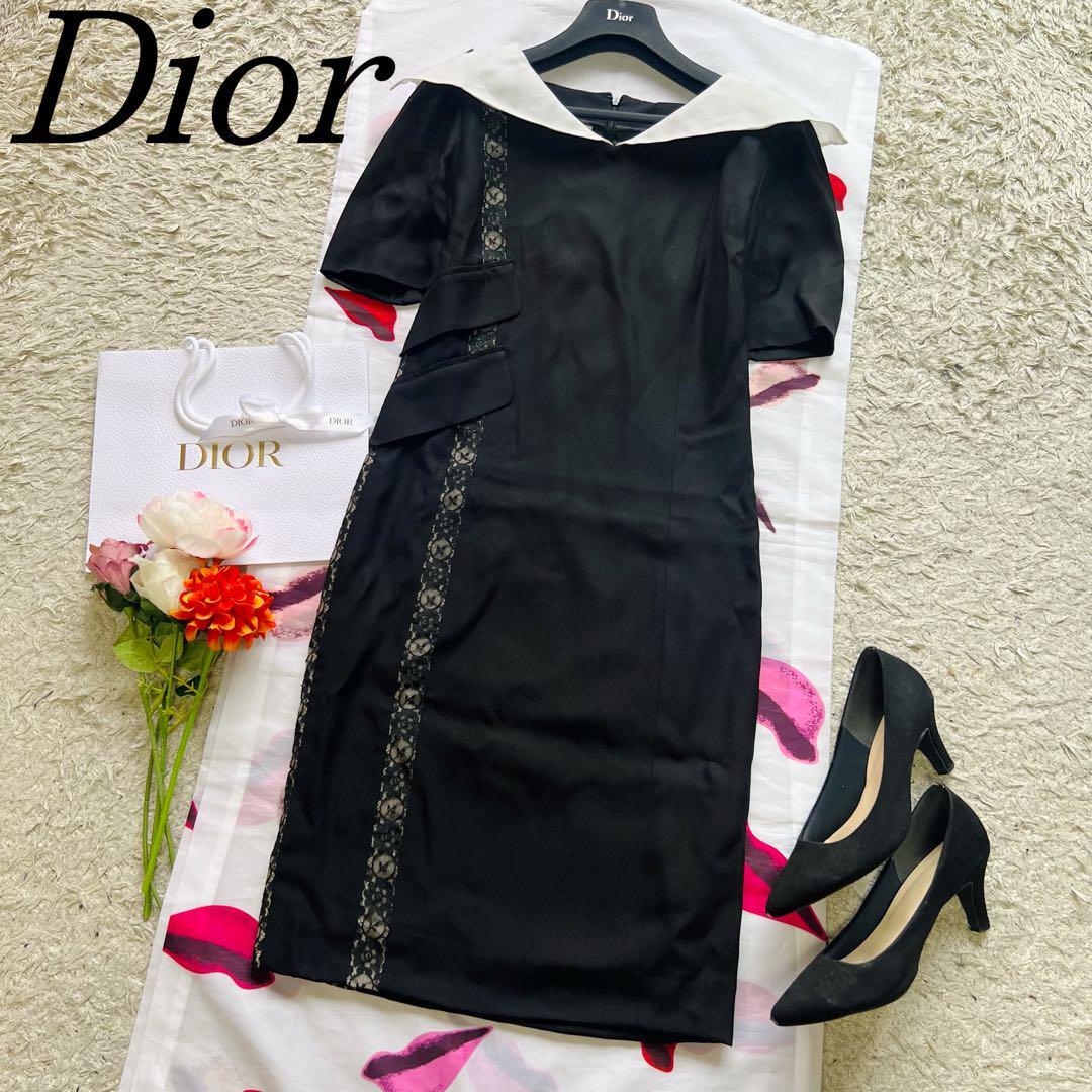 希少】Christian Dior 白襟ワンピース ブラック 38 レース-