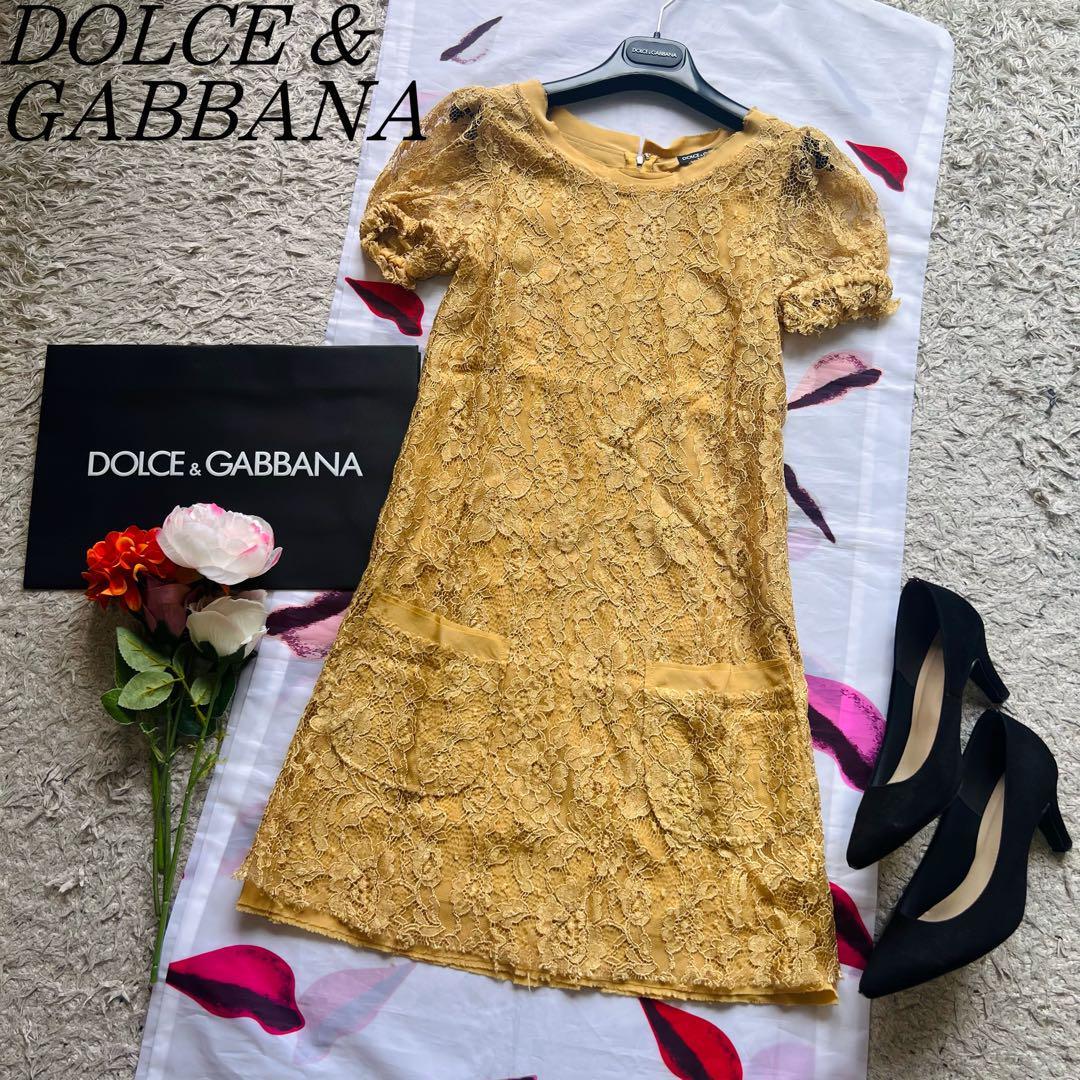 【美品】DOLCE&GABBANA 総レースワンピース イエロー 36 半袖 ドルチェアンドガッバーナ S 黄色 フレア Aライン ドルガバ D&G