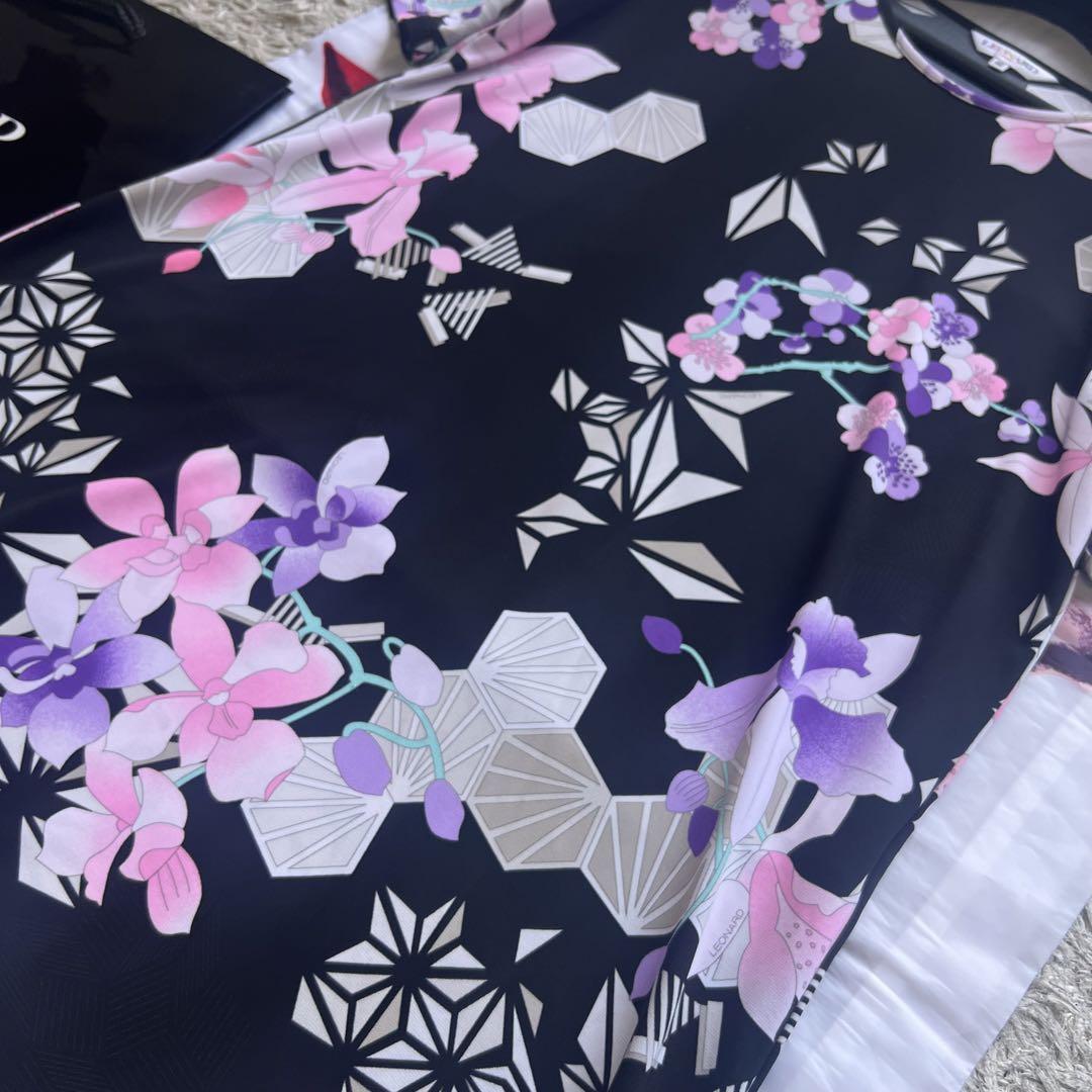 美品】LEONARD 総柄ワンピース ブラック 半袖 膝丈 40 L 花柄
