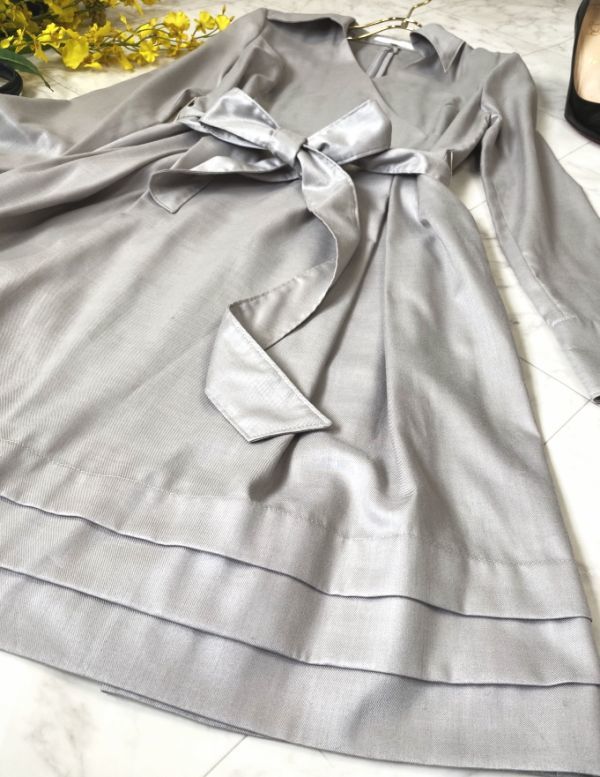 e033* unused tag attaching * J&R J &a-ru gray jukashu cool design One-piece Flare 7 minute sleeve long sleeve V neck medium height 