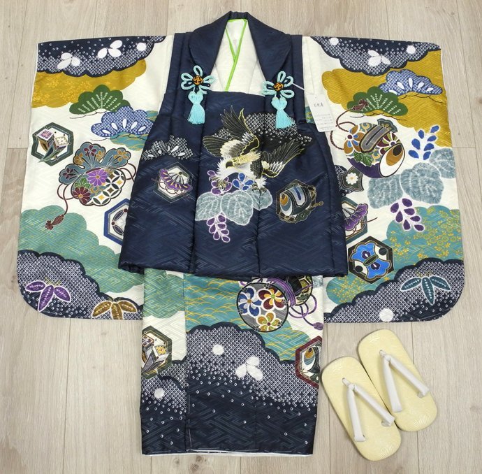  The Seven-Five-Three Festival new work high class 3 -years old man kimono (. cloth coat ) set * embroidery entering dark blue color series / classic pattern hand drum *d8392