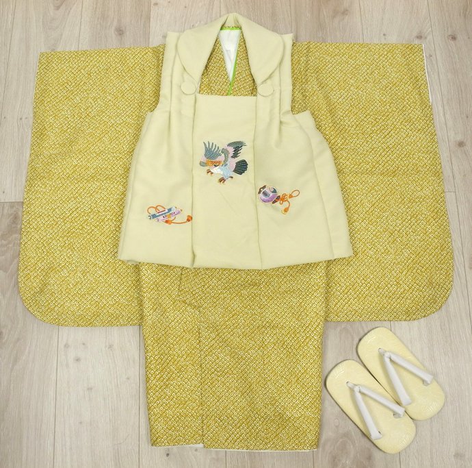  The Seven-Five-Three Festival new work high class 3 -years old man kimono (. cloth coat ) set * embroidery entering yellow cream series / yellow mustard Karashi series deer. . pattern *d8396