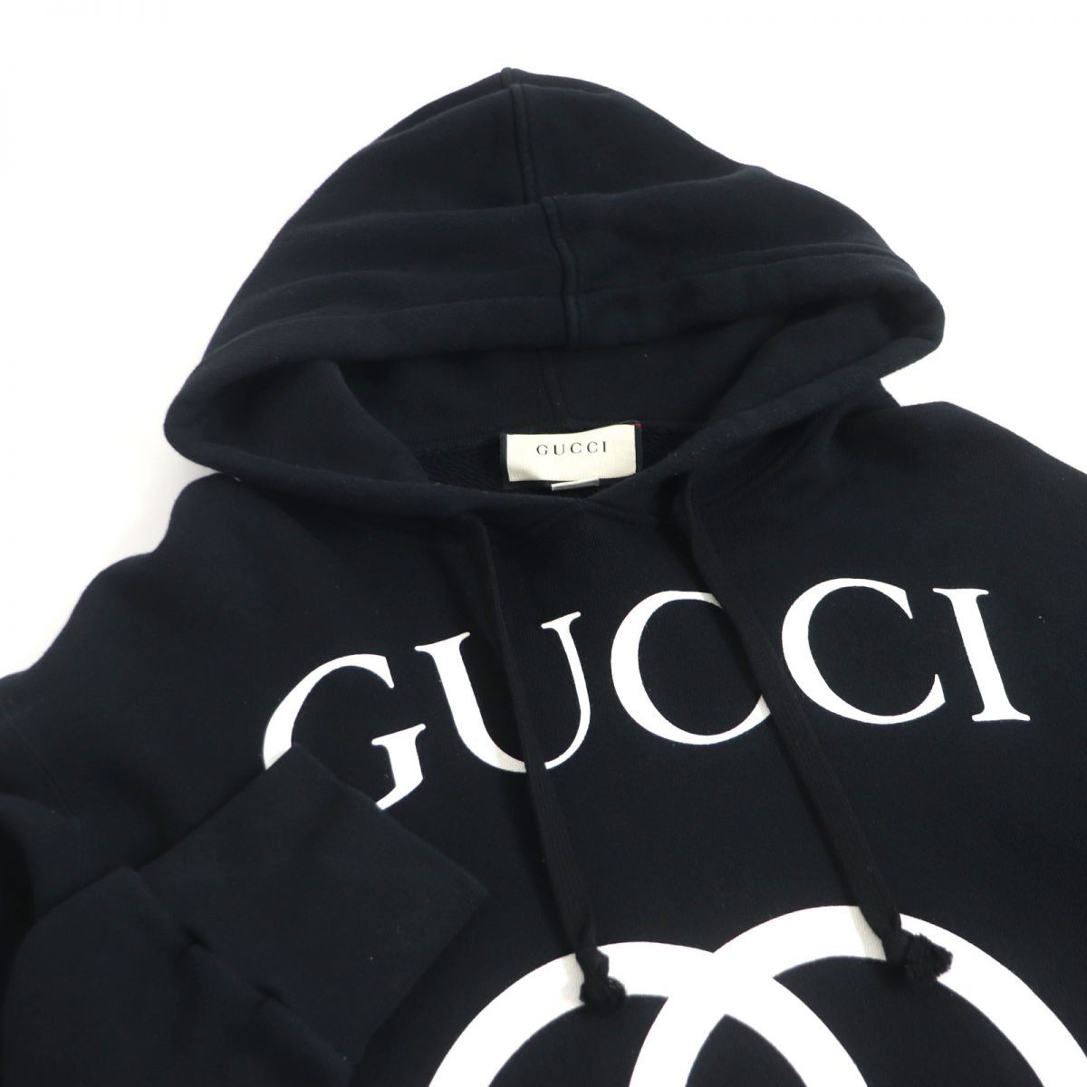 良品GUCCI/グッチ 475374 インターロッキングG ロゴプリント フーデッドスウェットシャツ/パーカー/フーディー ブラック S 伊製 正規品 