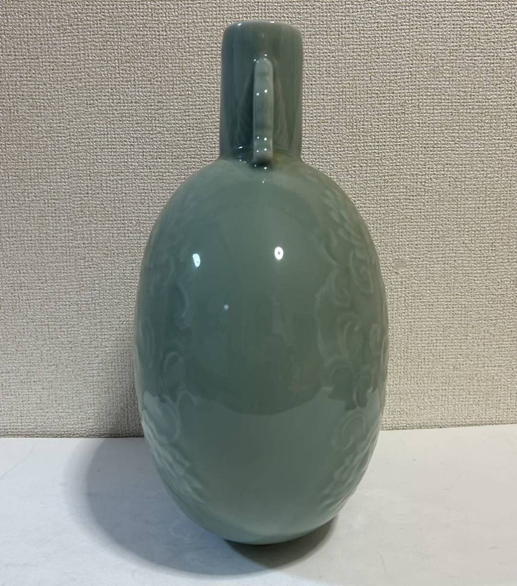 印花蕃蓮双耳扁壺 青磁 青釉 花瓶 国立故宮博物院複製品証明書付き 共