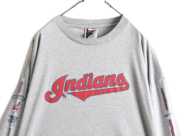 00s 大きいサイズ 2XL ■ ナイキ MLB オフィシャル インディアンス 長袖 Tシャツ ( メンズ XXL ) NIKE TEAM ロンT スウッシュ 灰 大リーグ_画像2