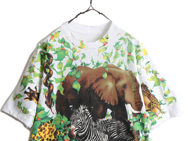 デッドストック 90s ★ WILD ORTS アニマル オールオーバー プリント Tシャツ メンズ XL / 白 イラスト アート 動物 花 シングルステッチ_画像2