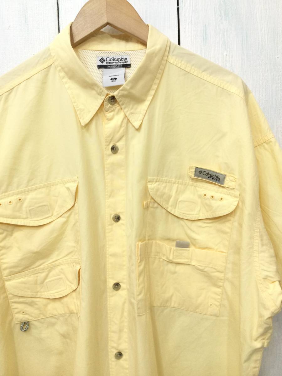 Columbia コロンビア フィッシングシャツアウトドアウェア コットン半袖シャツ メンズXL 薄い黄色系 良品_画像2