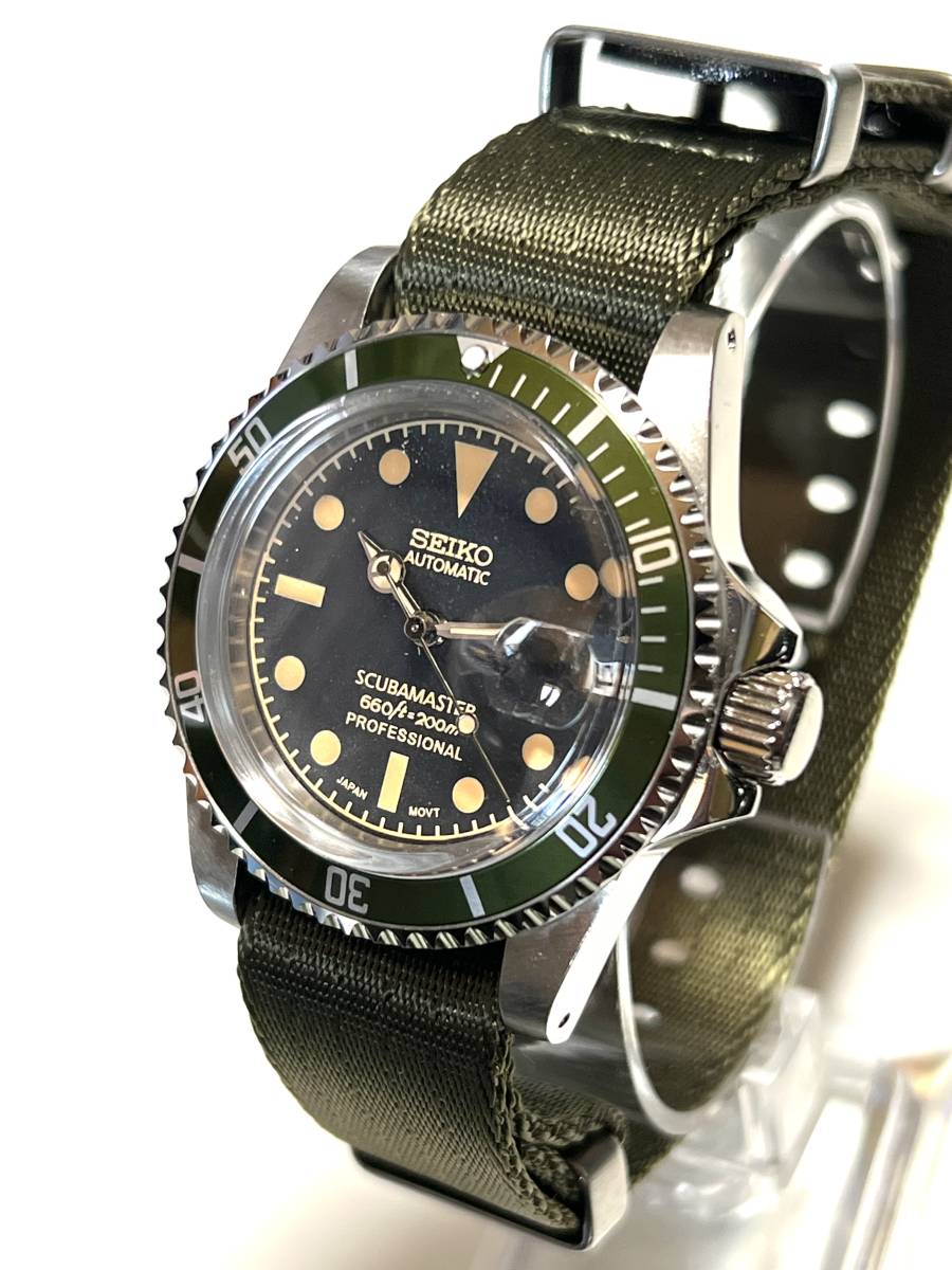 SEIKO MOD/ カスタム / NH35/自動巻 手巻き/ヴィンテージミリタリーサブマリーナDATE付きオマージュ/mod/  ストラップもご豪華MODカスタム