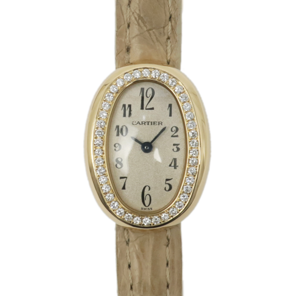 【名東】カルティエ ミニベニュワール アラビア ダイヤベゼル 1960 750YG/レザー クオーツ レディース 女 腕時計【電池交換・仕上げ済】