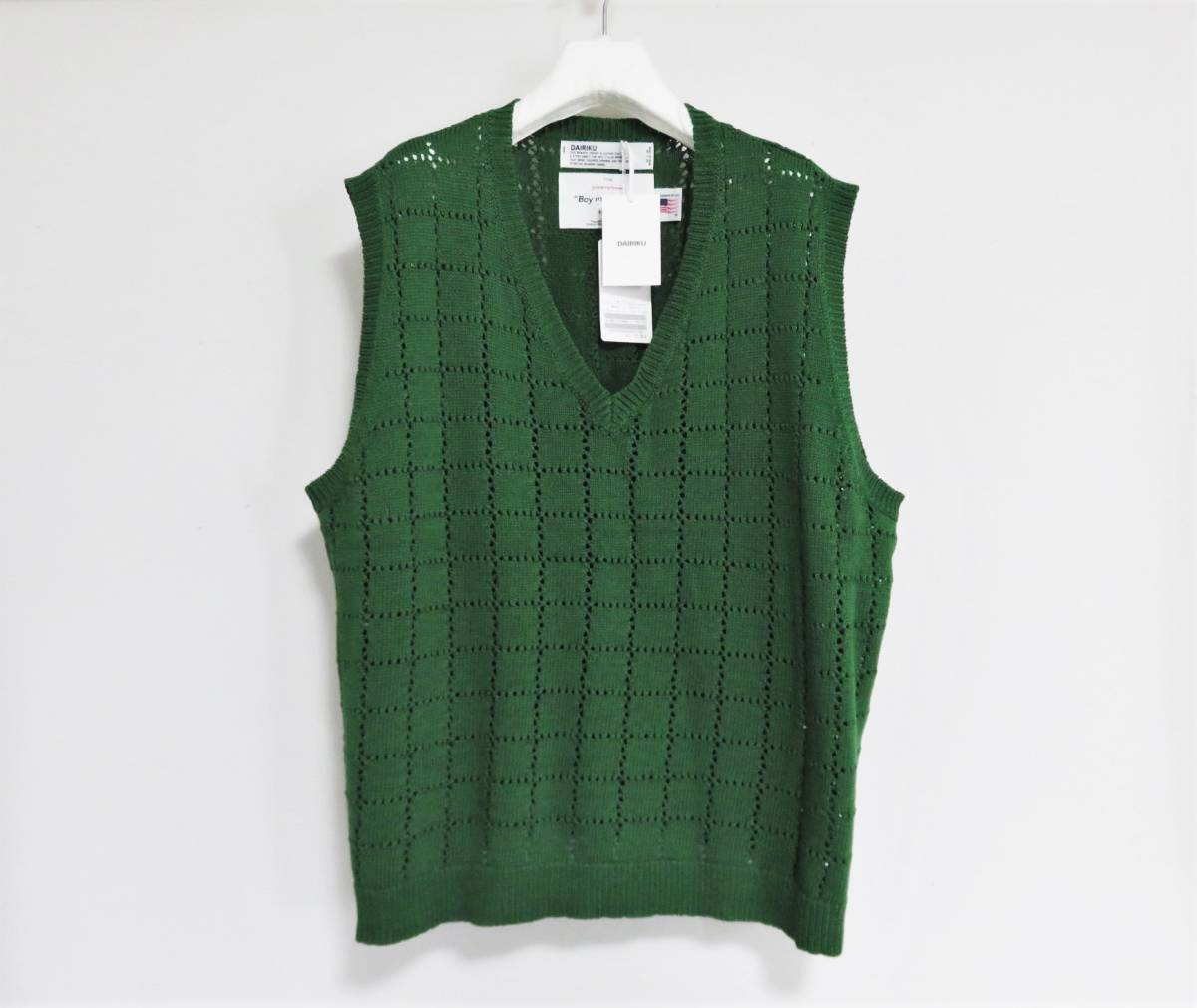 送料無料 定価2.9万 新品 DAIRIKU A.J. KNIT VEST フリーサイズ グリーン ダイリク コットン ニット ベスト シアー ノースリーブ_画像1