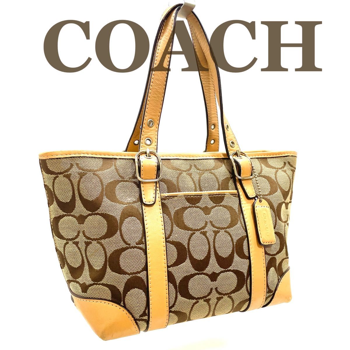 COACH コーチ スモール トートバッグ シグネチャー キャンバス レザー ベージュ キャメル