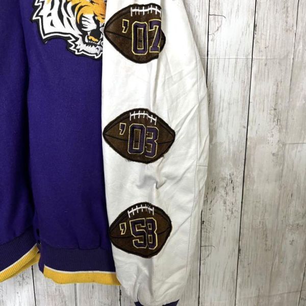 アメリカ古着　LSU TIGERS袖丈レザー虎タイガー刺繍ロゴ切替カラースタジャン　バーシティジャケット　サイズM　紫　ユニセックス古着