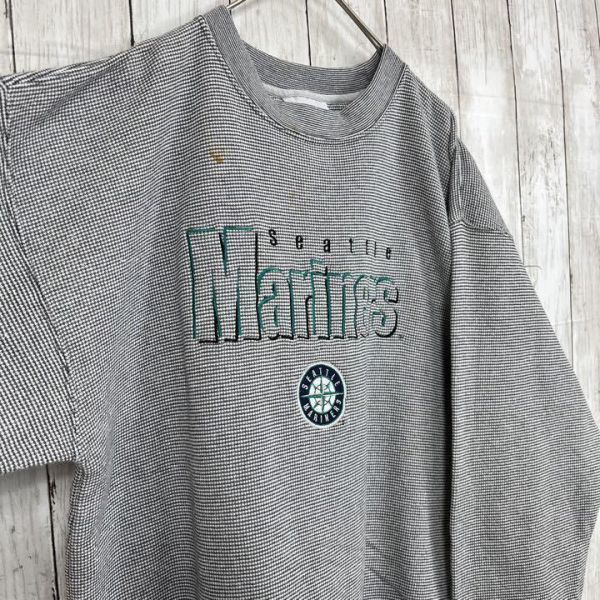 アメリカ古着　ユニセックス古着　MLB　MARINERS　シアトルマリナーズ　刺繍ロゴ背当てスウェットトレーナー　サイズL　グレー_画像5