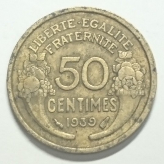【フランス】50サンチーム硬貨 1939年 約18mm_画像1