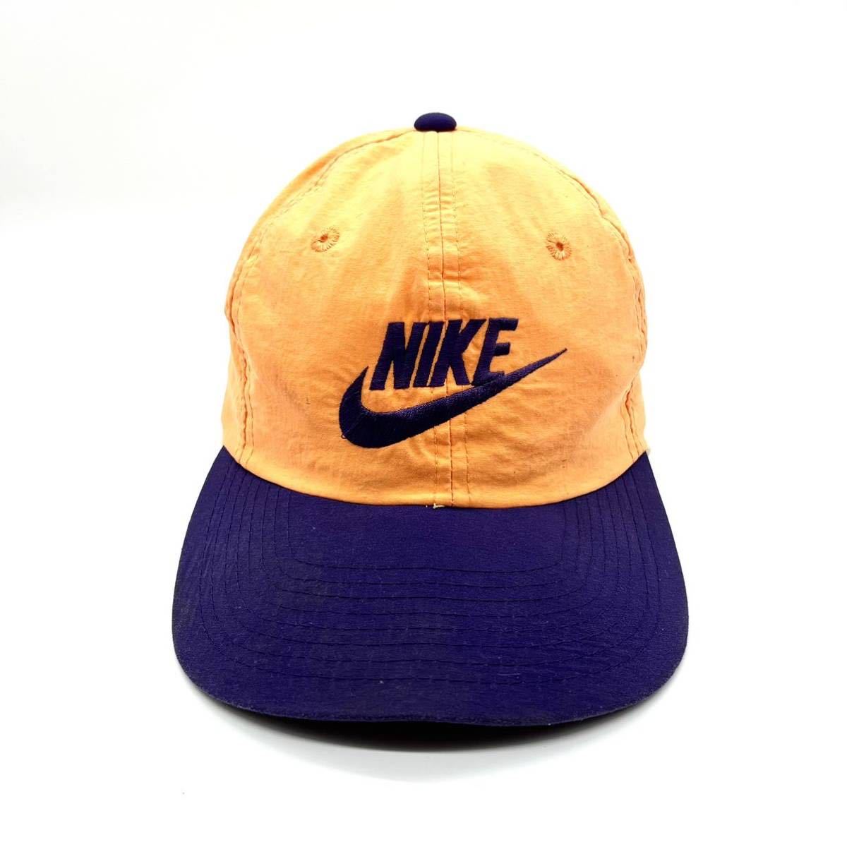 【90s】NIKE（ナイキ）刺繍ロゴ 2トーン ナイロンキャップ 白タグ スウォッシュロゴ 6パネル スナップバック ヴィンテージキャップ 帽子