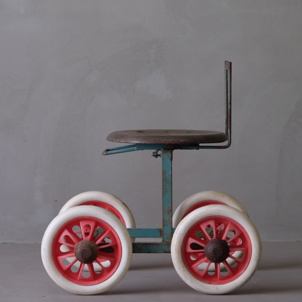 車付き作業スツール 椅子 園芸カート 手押し車 玩具 オブジェ 昭和