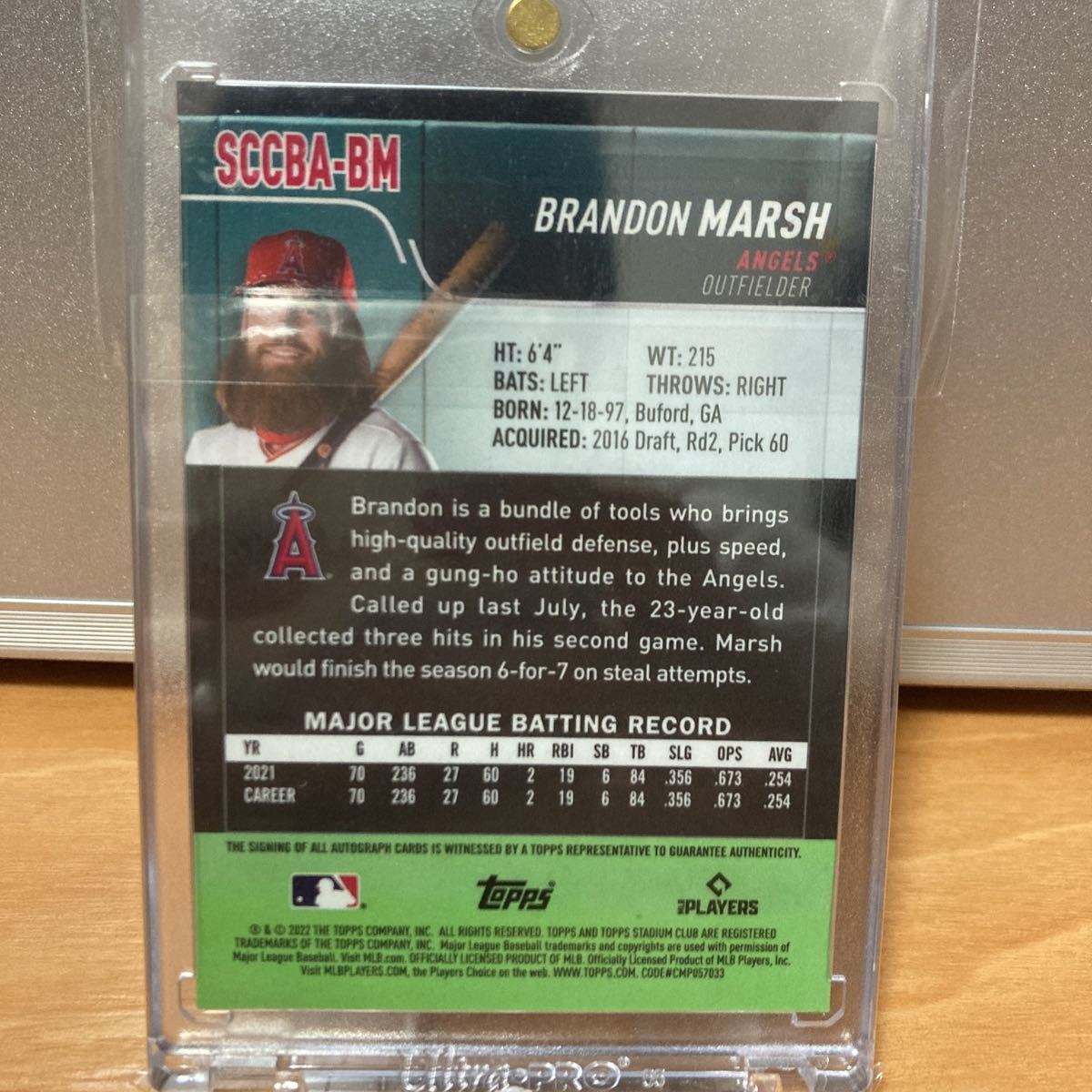 Topps BRANDON MARSH STADIUM CLUB CHROME AUTO 2022直筆サイン_画像2