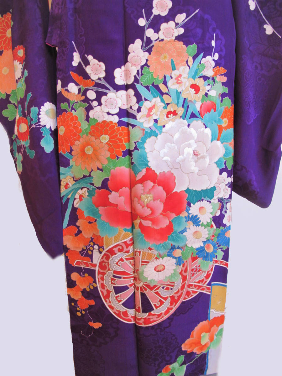 丈あり美品　紫紋錦紗　刺繍　アンティーク訪問着　花車　一つ紋_画像2