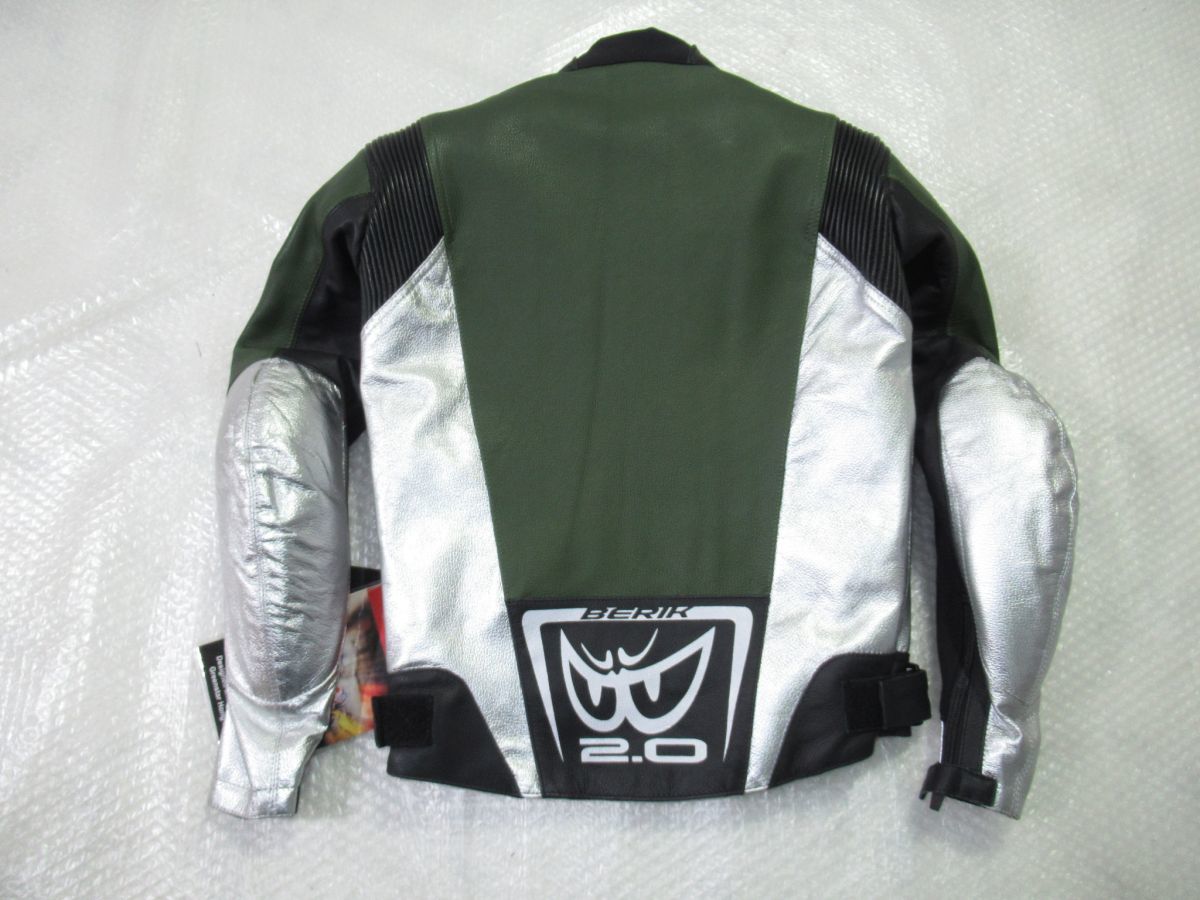  не использовался товар BERIK Berik байкерская куртка 44 размер кожа джемпер LJ-10718-BK moss green / черный / хром RACE-DEP 2.0