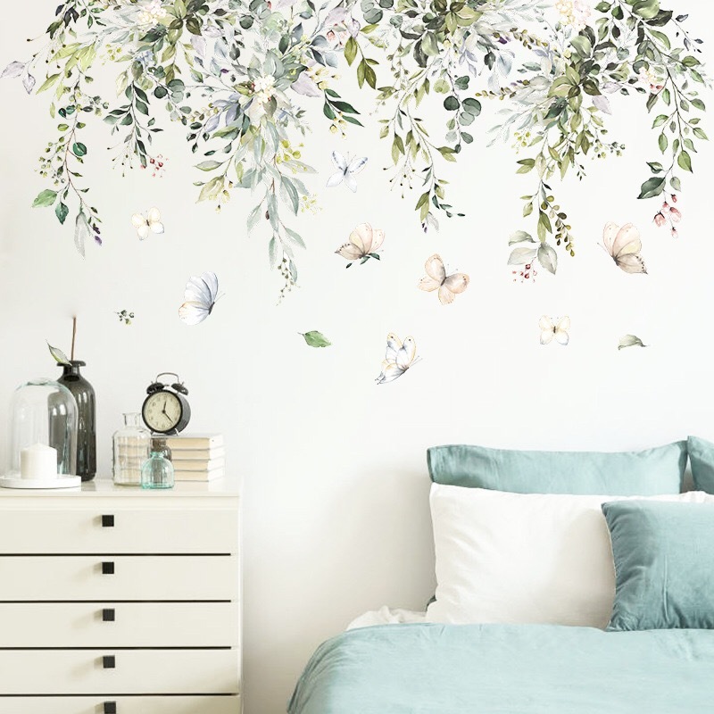 (NO.486）DIY剥がせる壁飾りウォールステッカー 綺麗な仕上がり 壁シート　模様替え　壁飾り　雰囲気替え　子供ルーム 緑葉＆蝶々
