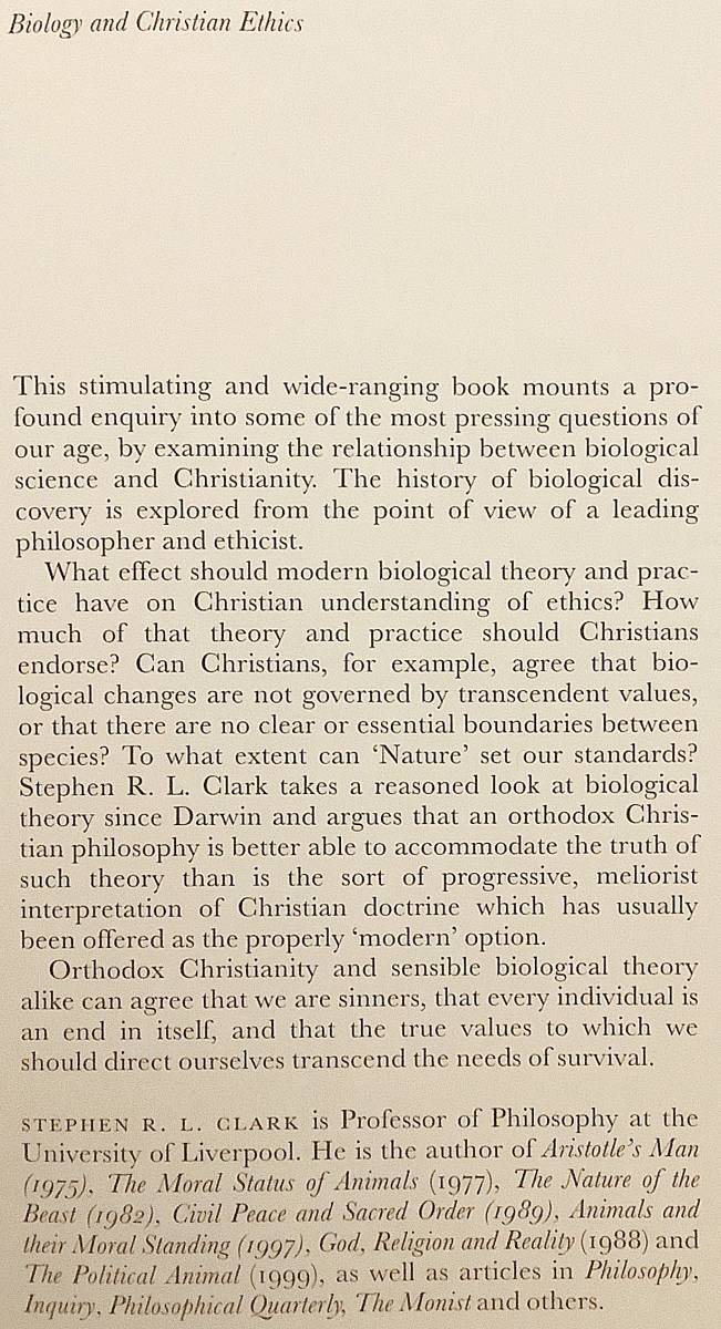 洋書　生物学とキリスト教倫理 『Biology and Christian ethics』 Stephen R.L. Clark 著 ●自然科学 科学 宗教学 神学 進化論 ダーウィン_画像2