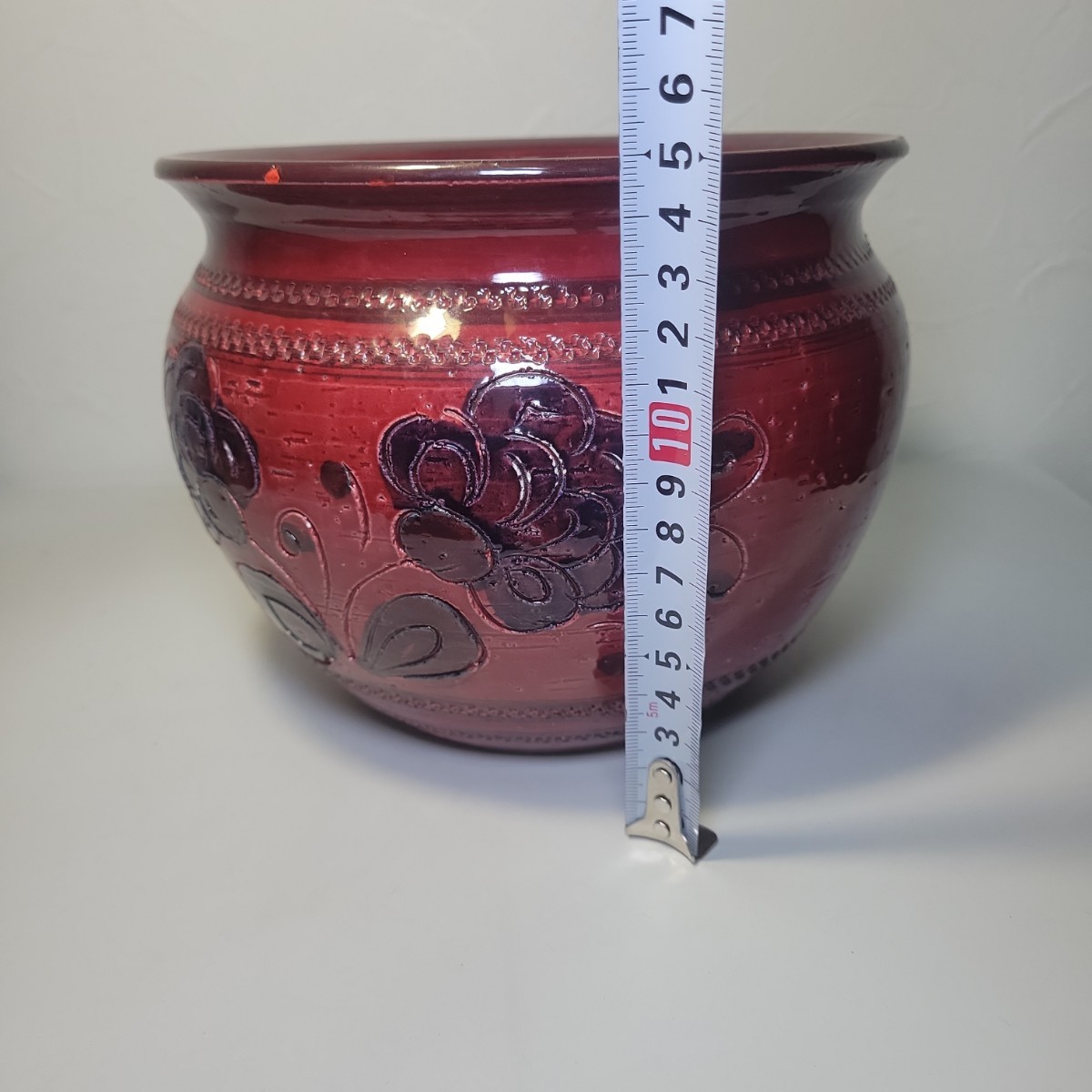 壺 赤 花柄 メーカー不明 花瓶 レッド 陶器 中国 古玩 骨董 レトロ