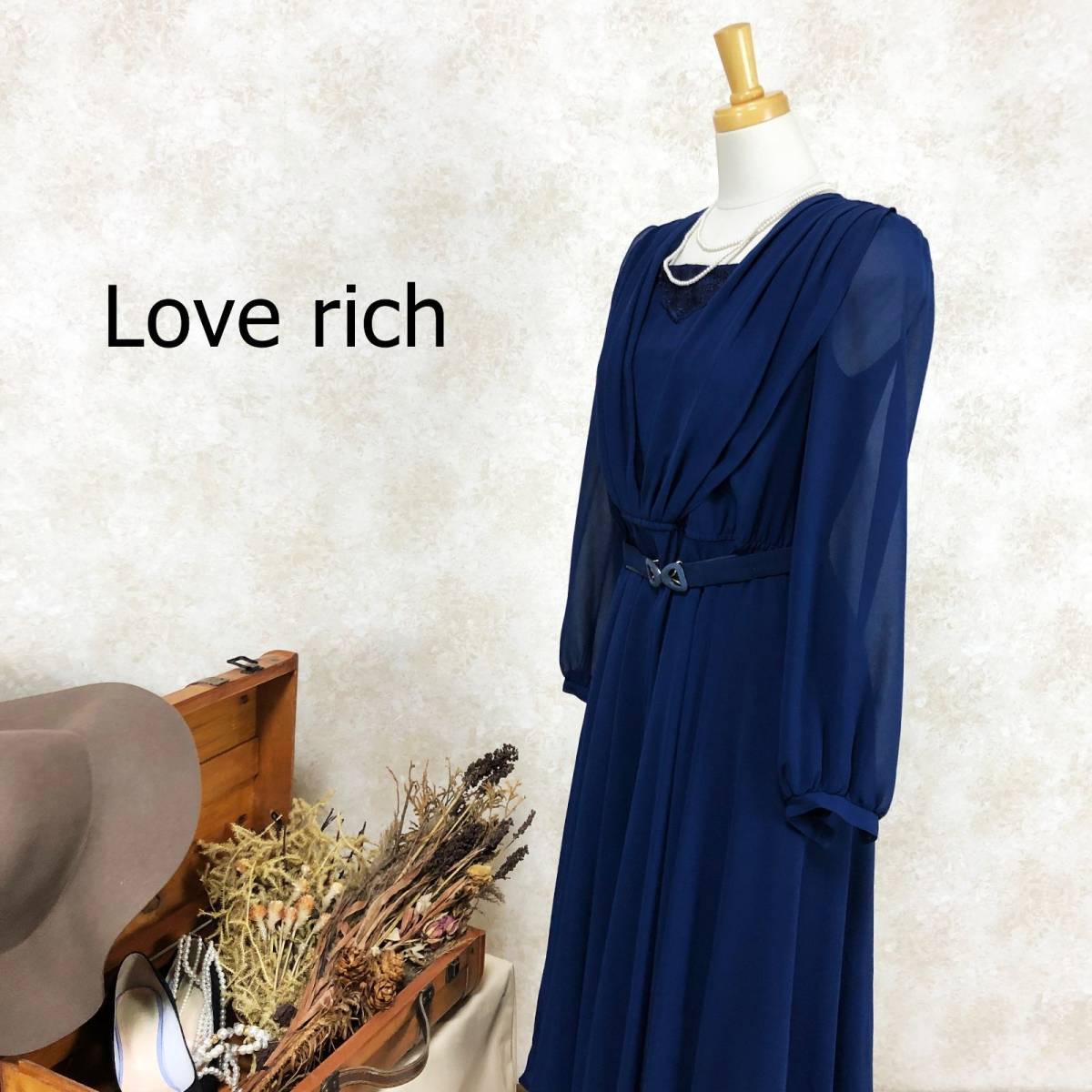 ラブリッチ Love rich ドレス サイズ9 M ブルー シフォン ミモレ丈 肩パッド ベルト 青 ワンピース カシュクール風 上品 長袖 透け感 B-597_画像1