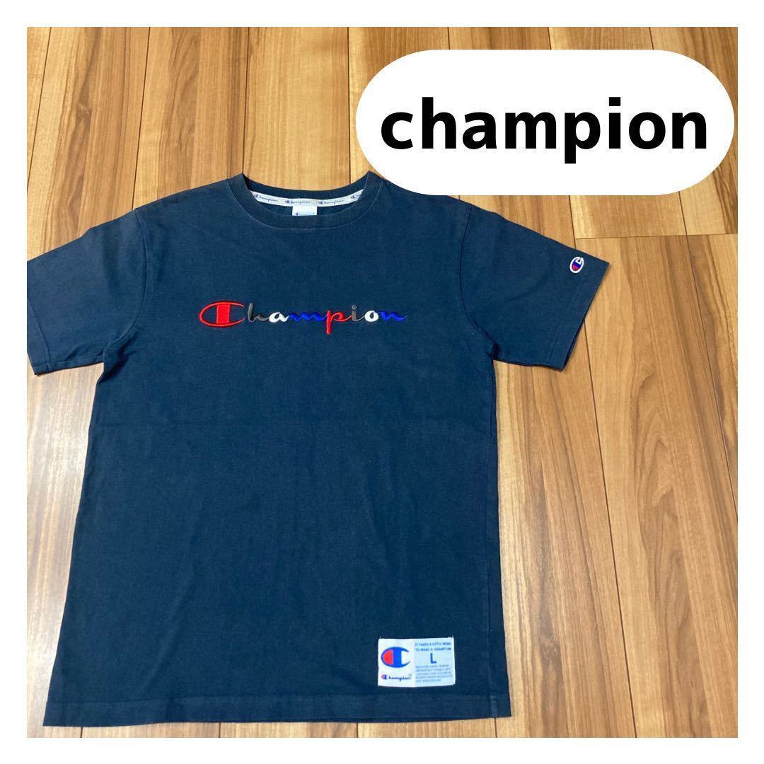 Champion チャンピオン 半袖 Tシャツ デカロゴ 刺繍ロゴ ネイビー トリコロール サイズL 玉mc1547_画像1