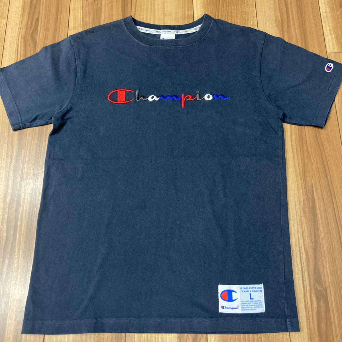 Champion チャンピオン 半袖 Tシャツ デカロゴ 刺繍ロゴ ネイビー トリコロール サイズL 玉mc1547_画像2