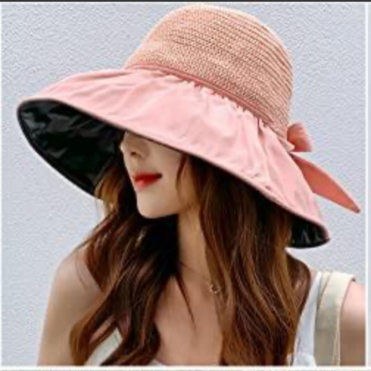 韓国ファッション】 vanefuda UVカット 折りたたみ ピンク リボン 麦わら帽子 つば広 アウトドア 日除け 