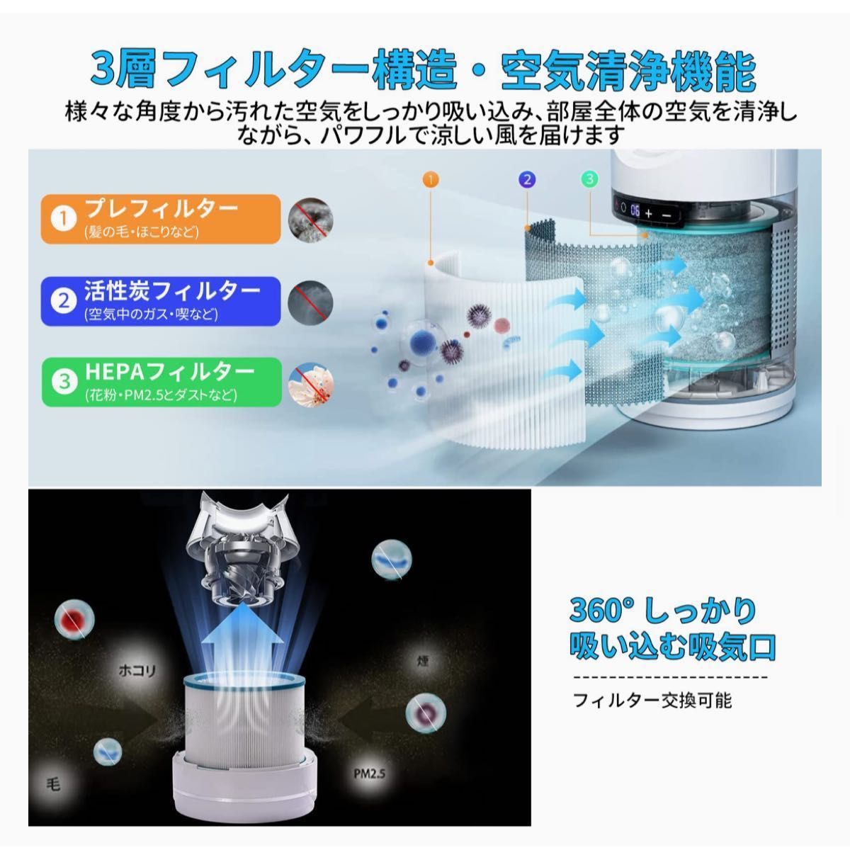 扇風機 タワーファン 羽根なし扇風機【温/冷風・空気浄化・一台3役