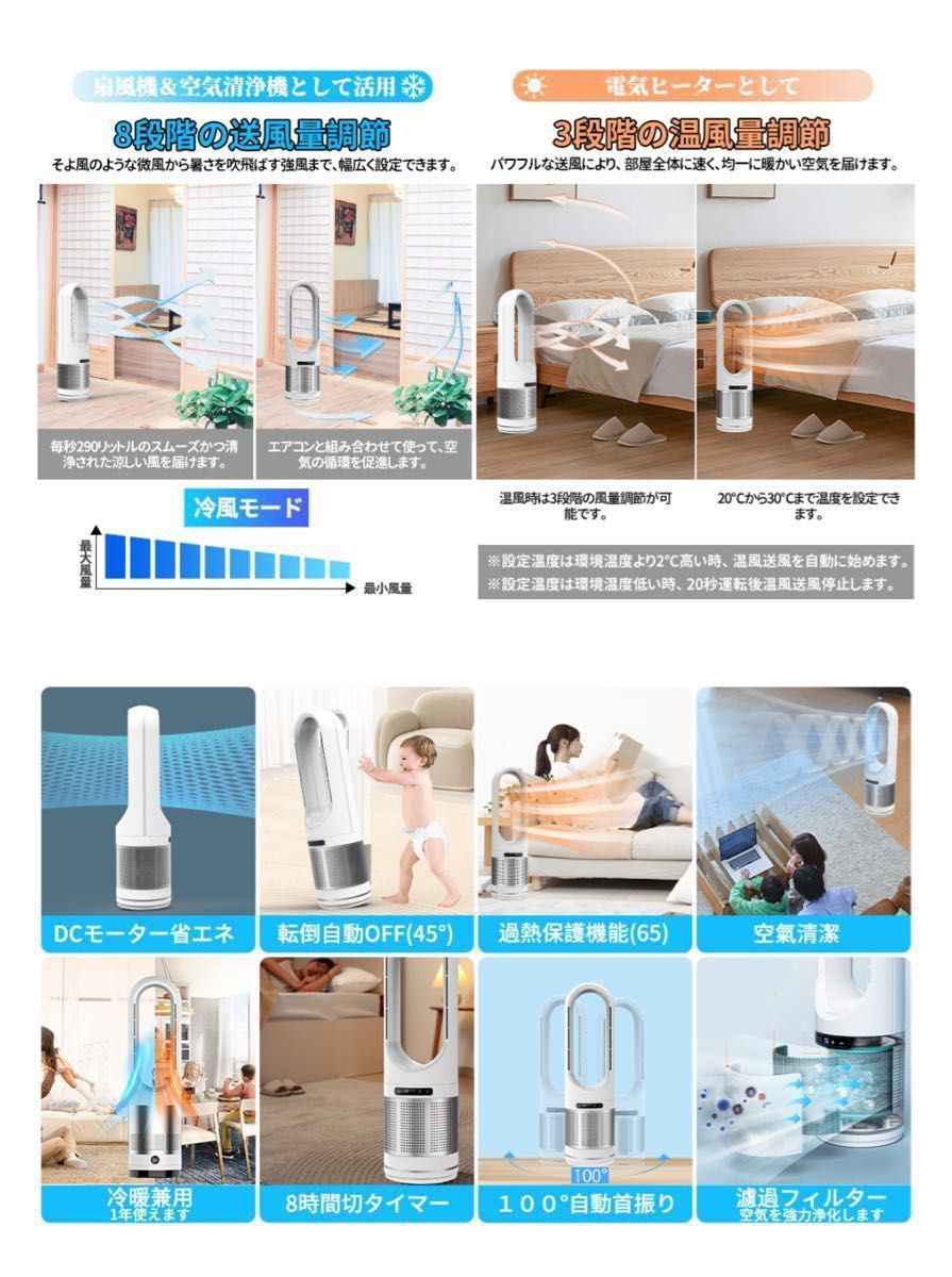 扇風機 タワーファン 羽根なし扇風機【温/冷風・空気浄化・一台3役