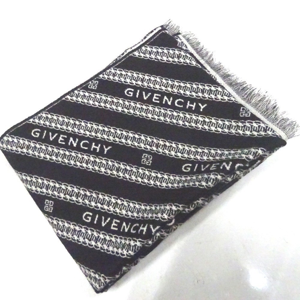 Ft584073 ジバンシー マフラー ロゴ ウール ブラック×ホワイト メンズ Givenchy 中古・超美品