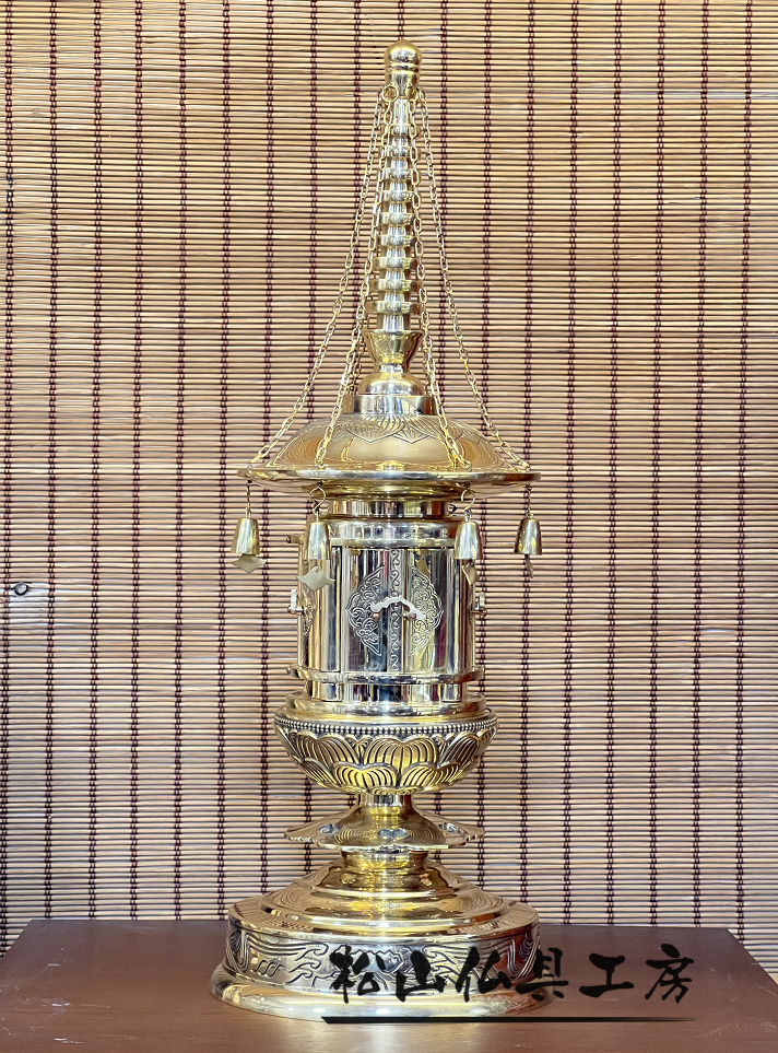 「松山仏具工房出品」舎利入れ　丸塔　真鍮製 全高約56cm