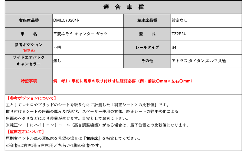 [レカロ RS-G/TS-G/SP-G]TZ2F24 三菱ふそう キャンター ガッツ(運転席 / 右席)用シートレール(4ポジション)[N SPORT製][保安基準適合]_画像2