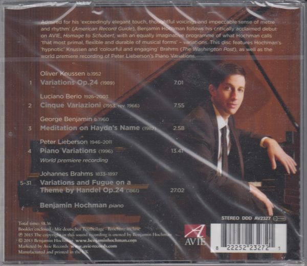 [CD/Avie]ブラームス:ヘンデルの主題に基づく変奏曲とフーガOp.24&リーバーマン:ピアノ変奏曲他/B.ホックマン(p) 2014.6_画像2
