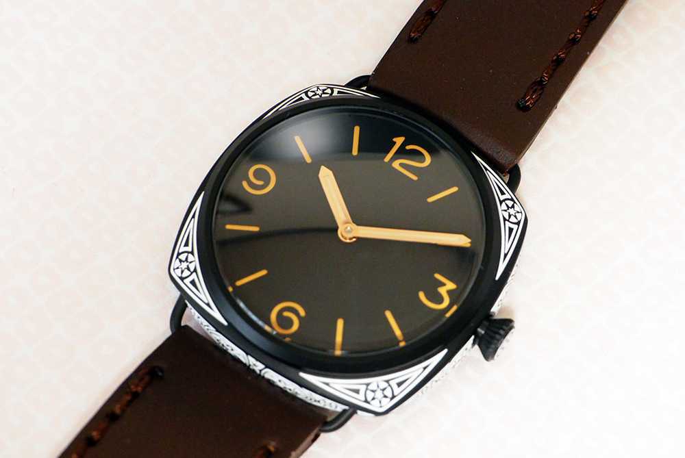 ♪新品 ノーロゴ PARNIS 47mm 手巻き機械式腕時計 シースルーバック ブラック文字盤